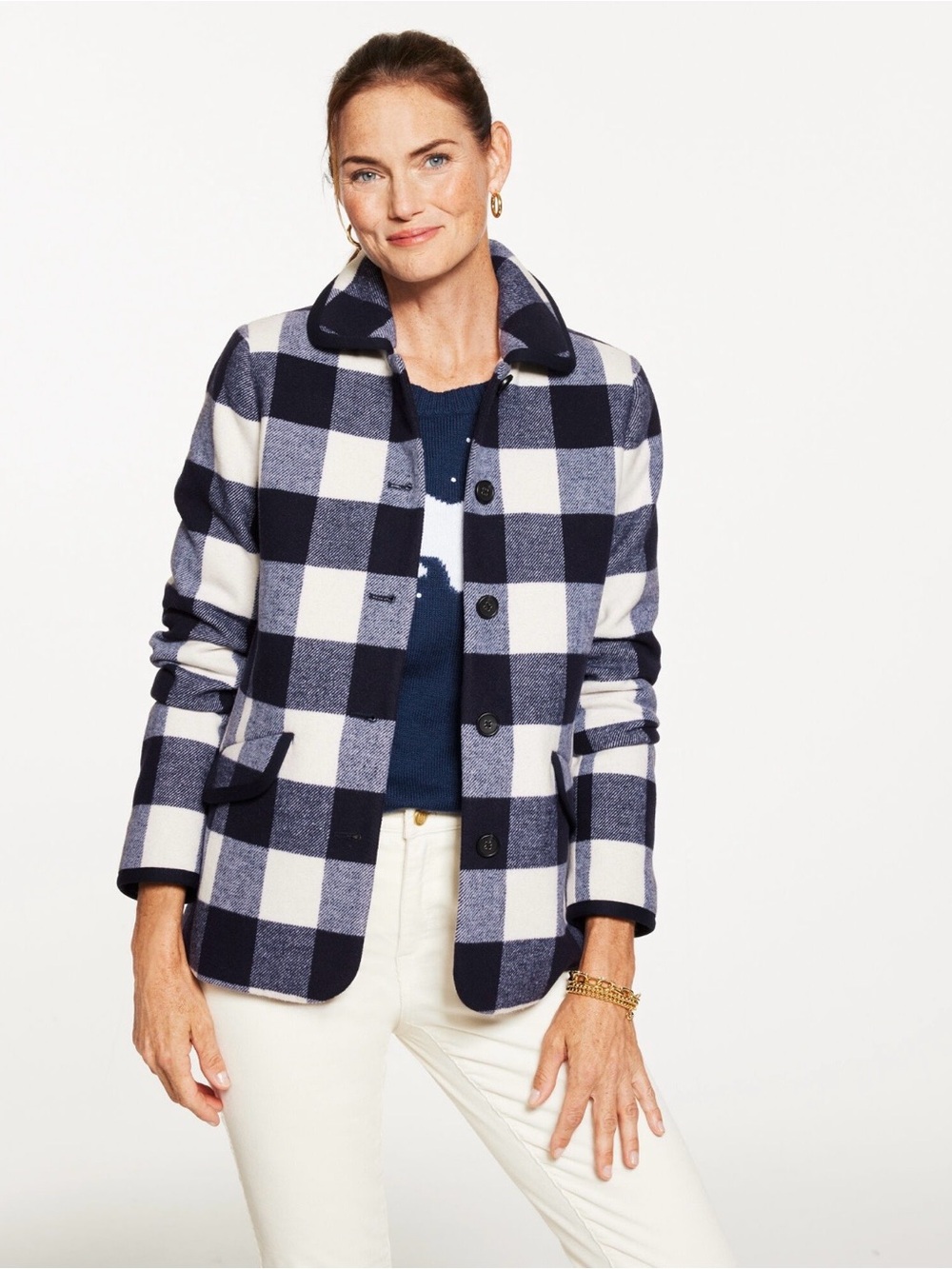 NWT Talbots 3X black white buffalo check plaid tipped blazer jacket wool fall